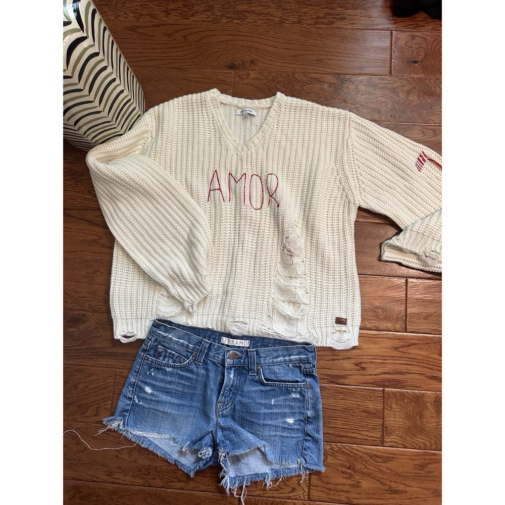 Peace Love World AMOR Embroidered Sweater Womens S Distressed Rib Knit V Neck